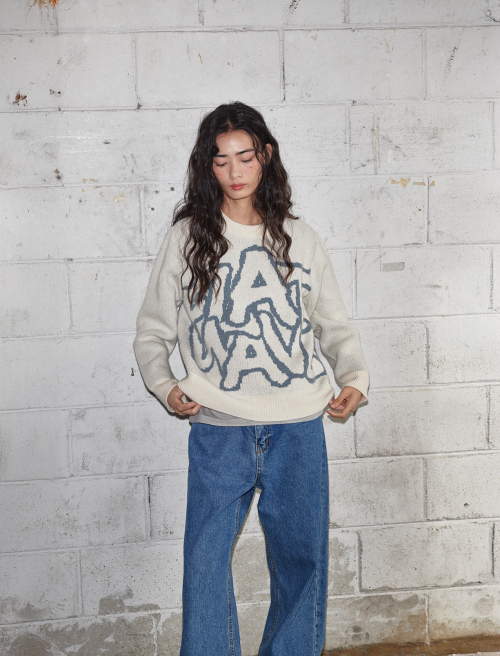 Ryef Wool Lettering Round Knit Oat Beige