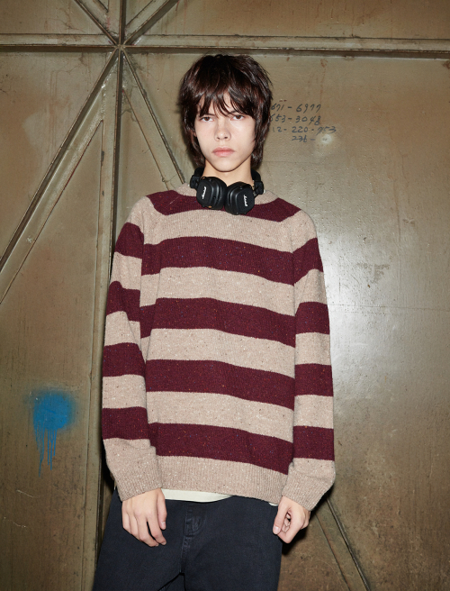 Noor Wool Stripe Round Knit Taupe/Wine
