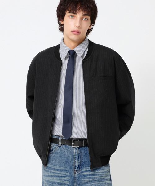 PIN STRIPE OFFICER CROP BOMBER JACKET_BLACK