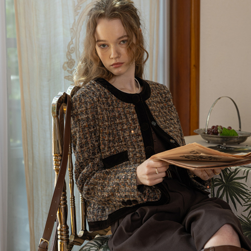 PM_Elegant пайеткаe твид куртка_BROWN