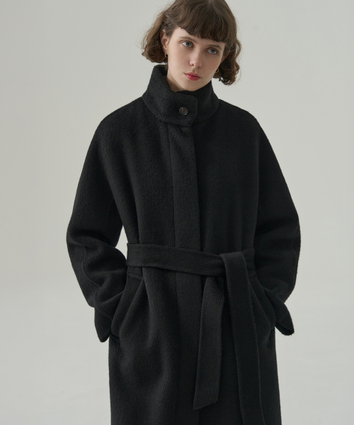 Длинное пальто ручной работы Rabbit Angora Wool High Neck [BLACK]