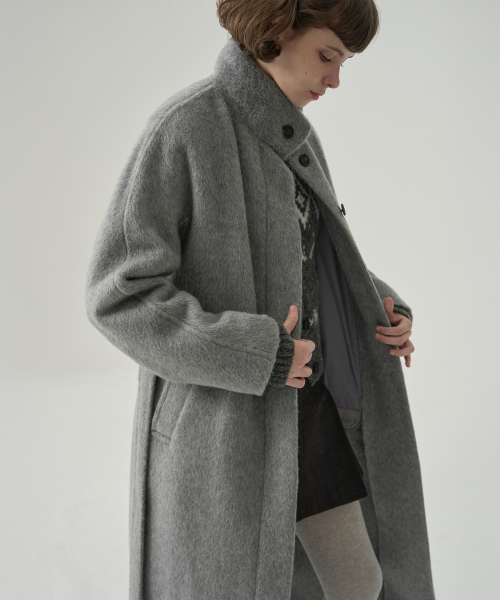 Длинное пальто ручной работы Rabbit Angora Wool High Neck [BLACK]