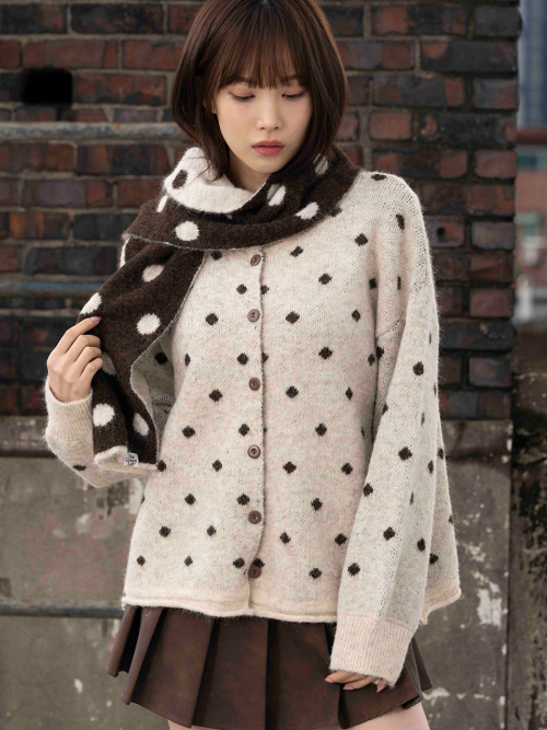 Оверсайз кардиган в горошек с шарфом [Beige]