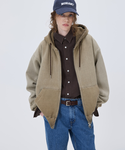 MINIMAL WASHED HOODIE ZIP-UP BROWN