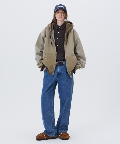 MINIMAL WASHED HOODIE ZIP-UP BROWN