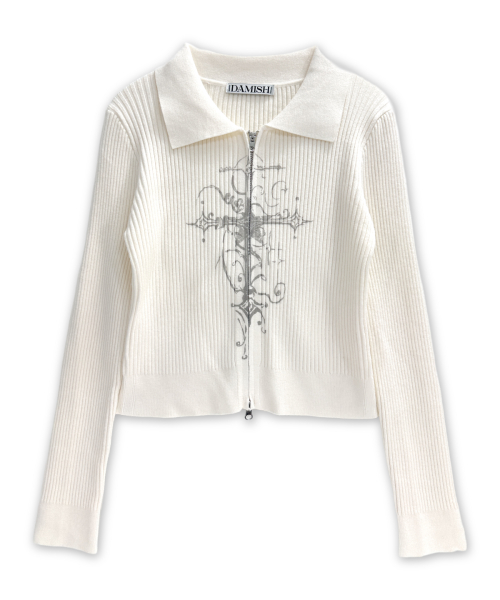 Cross Print рибяный трикотажный кардиган на молнии Ivory