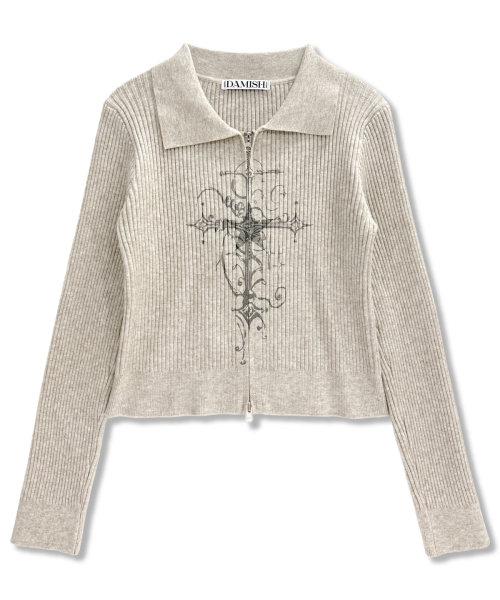 Cross Print рибяный трикотажный кардиган на молнии Beige