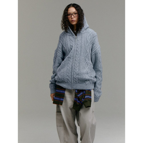 (UNISEX) Вязаный худи на молнии из шерсти, Sky Blue
