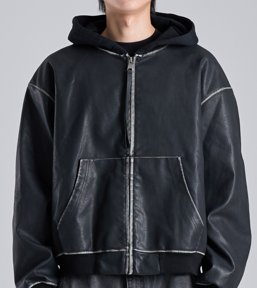 Куртка на молнии с капюшоном из веган-кожи (Black)