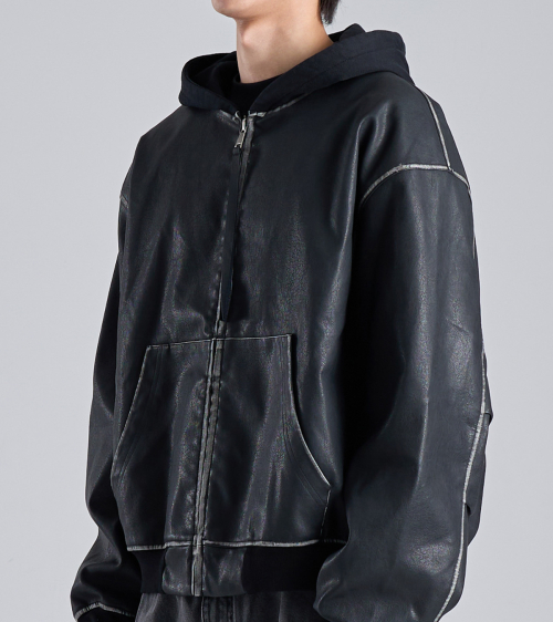Куртка на молнии с капюшоном из веган-кожи (Black)