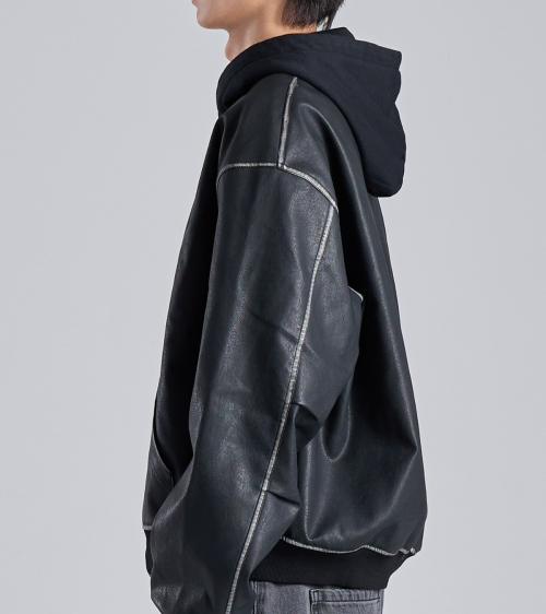 Куртка на молнии с капюшоном из веган-кожи (Black)