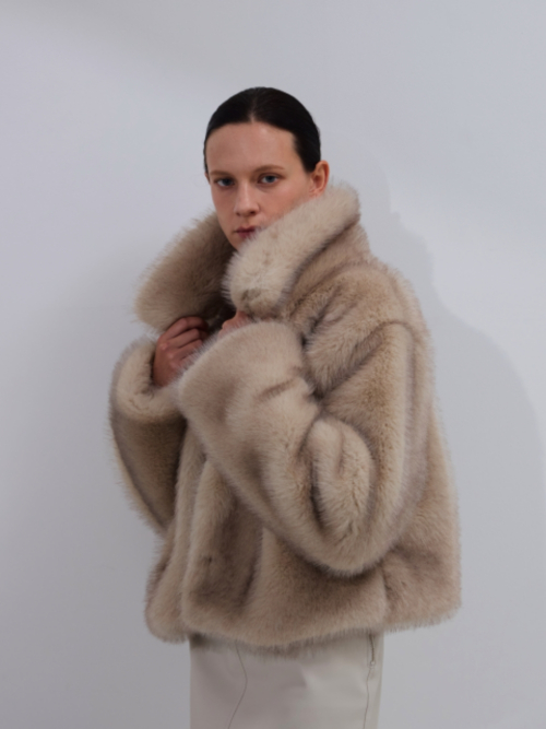 Двухтонная густая шуба New — Beige
