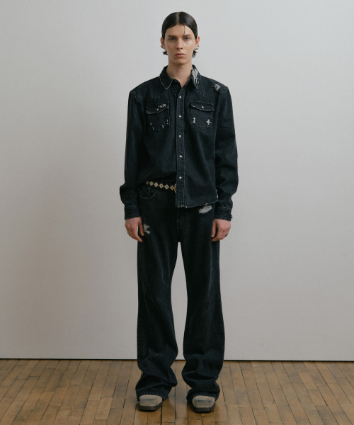 черный DESTROYED CROPPED WESTERN дэним SHIRT