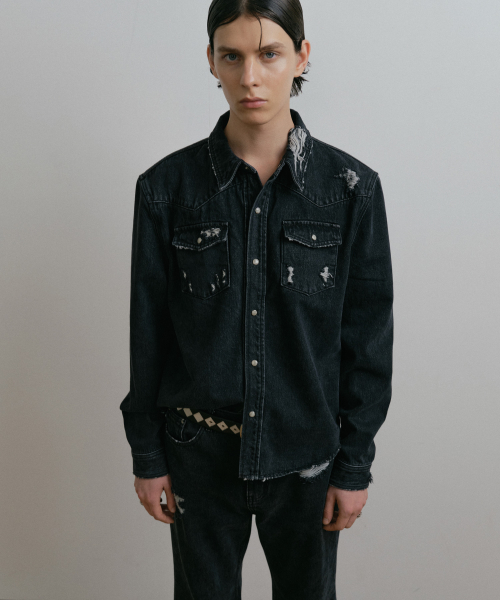черный DESTROYED CROPPED WESTERN дэним SHIRT
