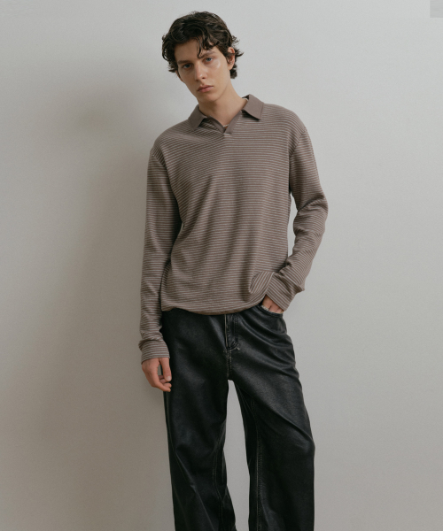 серый BOUCLE STRIPED TEXTURED COLLAR T SHIRT