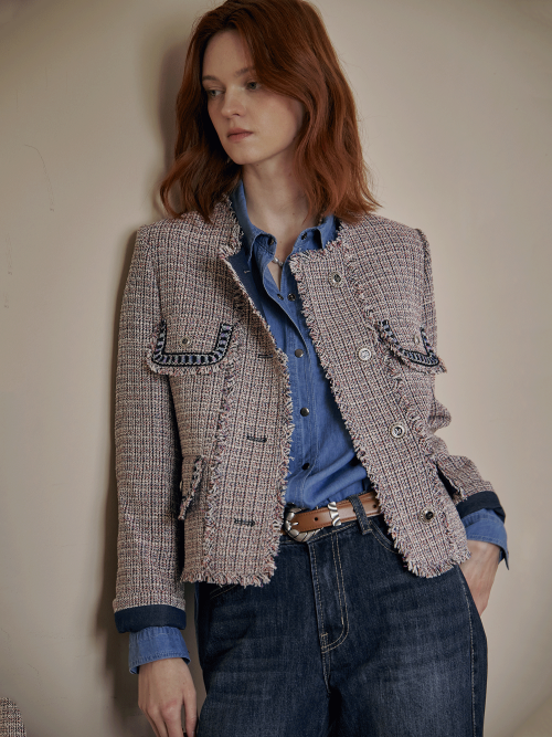 multicolor tape-point round tweed jacket