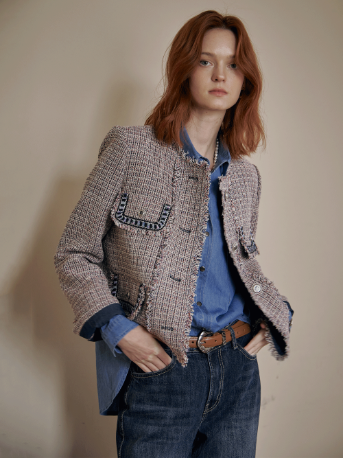 multicolor tape-point round tweed jacket