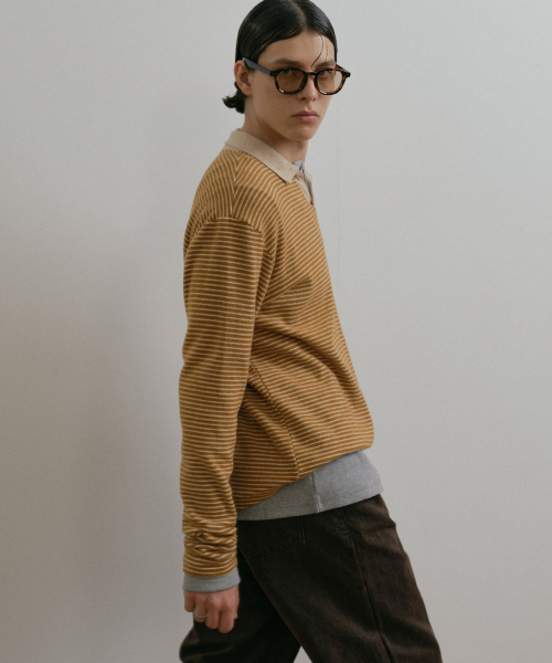 YELLOW BOUCLE STRIPED TEXTURED COLLAR T SHIRT