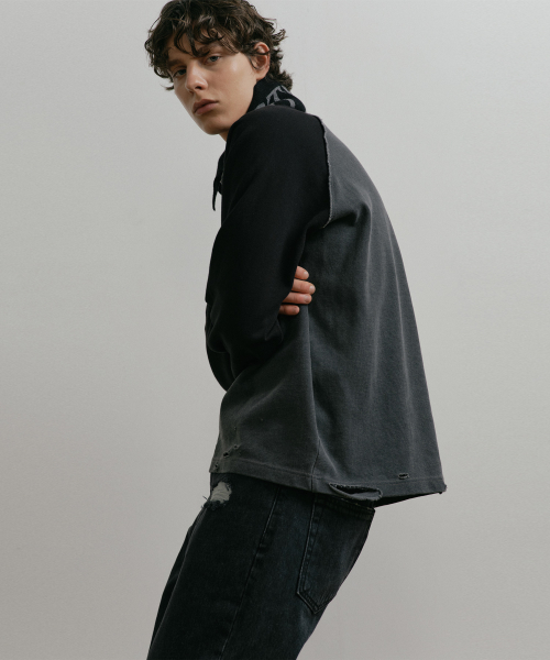 5s COTTON PIGMENT DESTROYED BLACK RAGLAN LONG T-SHIRT