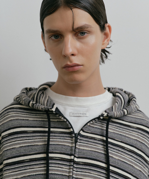 GREY KNIT STRIPED ZIP-UP HOODIE