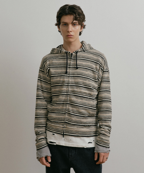 BEIGE KNIT STRIPED ZIP-UP HOODIE