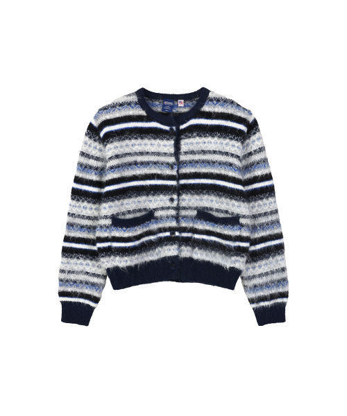 W STRIPE PATTERN CARDIGAN (NAVY)