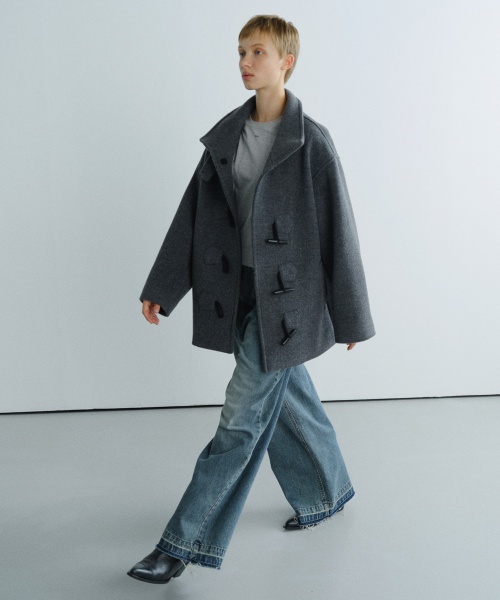 HIGH NECK WOOL DUFFLE COAT - DARK GREY
