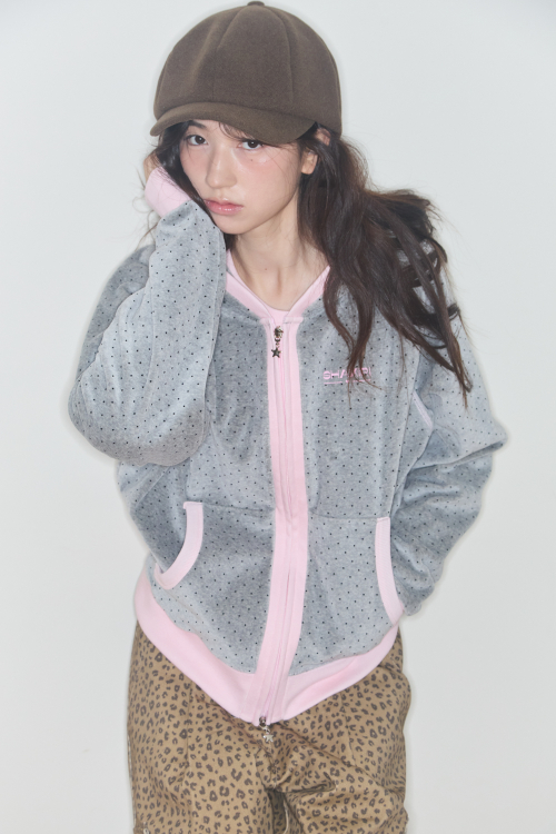 TERRY DOT RAGLAN HOODIE (GREY / PINK)