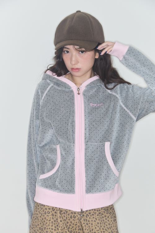 TERRY DOT RAGLAN HOODIE (GREY / PINK)