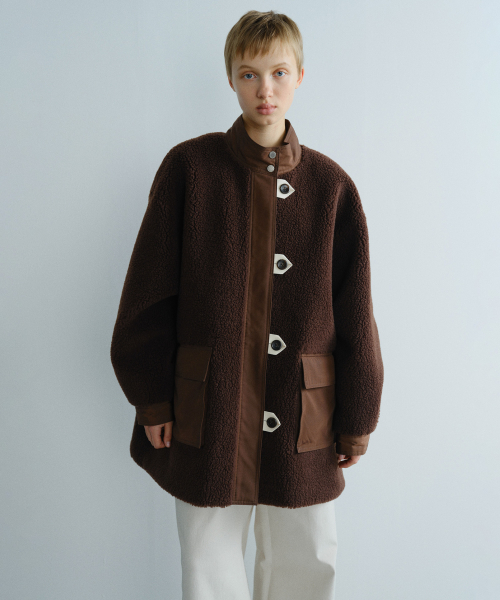 OVERSIZED POCKET FLEECE COAT - BROWN