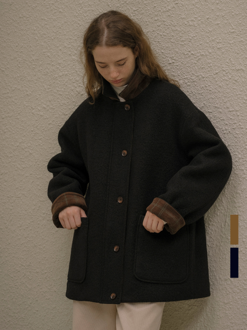 Wool blend roll-up check half Coat [KNFW05CT03]_[2color]