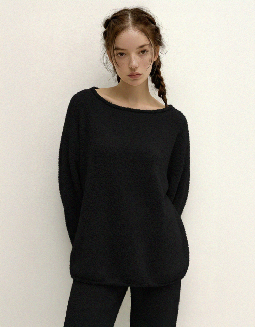 Fluffy Boatneck Pajama Set – Soft Cozy Sleepwear Black