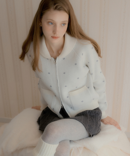 Альпака-шерстяной зип-кардиган в горошек (Ivory)