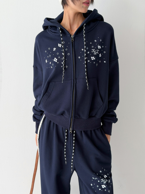 Terry Crop Hooded Zip-Up [Navy]