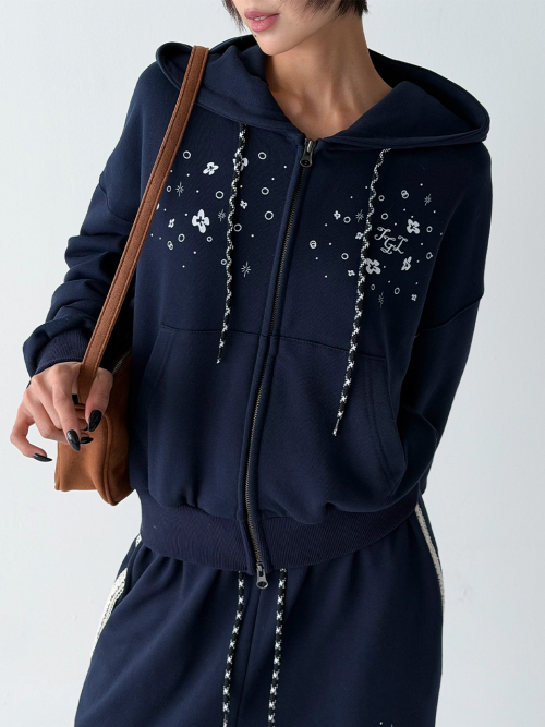 Terry Crop Hooded Zip-Up [Navy]