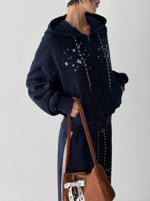 Terry Crop Hooded Zip-Up [Navy]