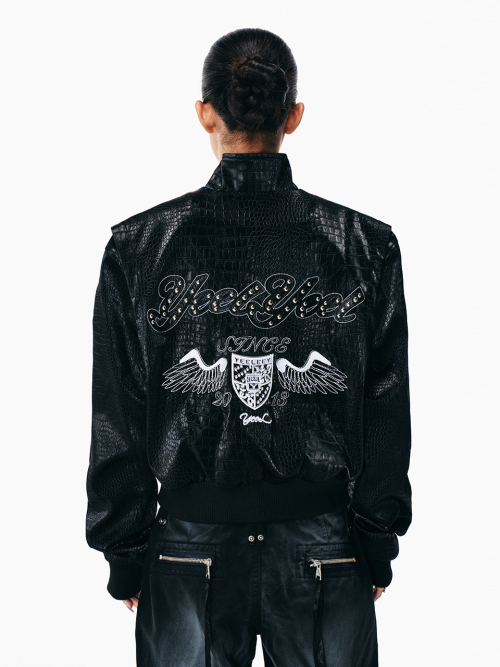 FAUX CROCODILE LEATHER WINGED JACKET BLACK