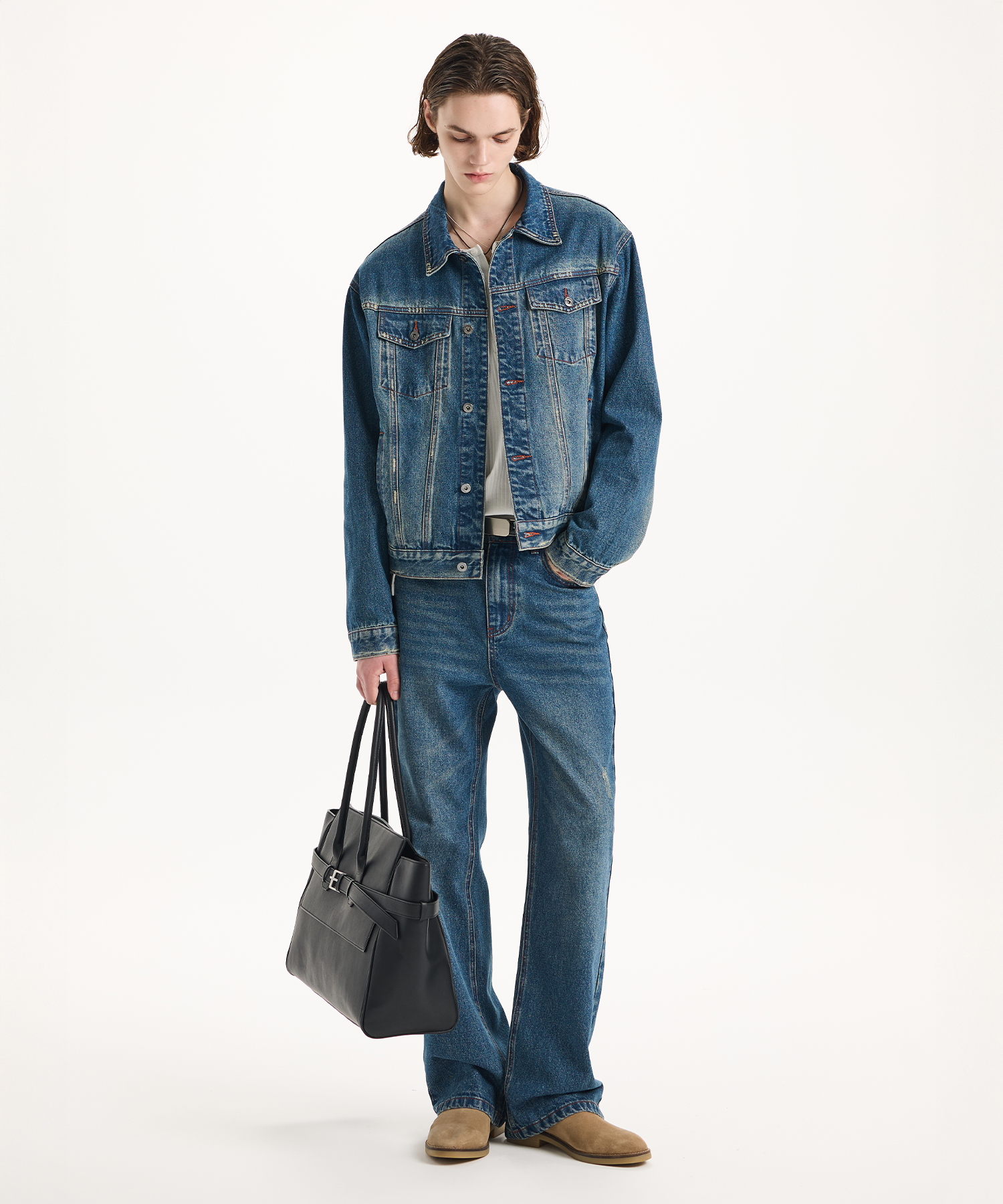 [SET] Washed Cropped Trucker Semi Flare Denim Pants [2 Colors]