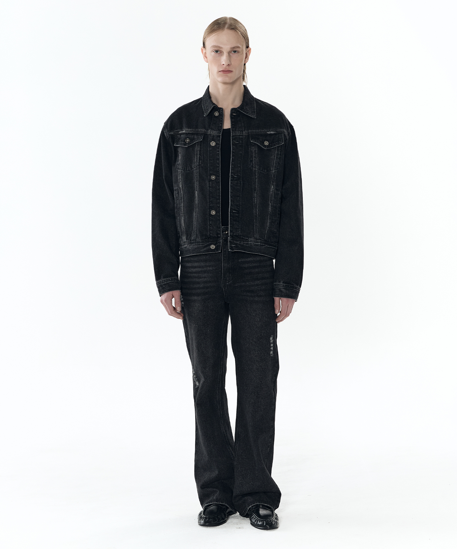 [SET] Washed Cropped Trucker Semi Flare Denim Pants [2 Colors]