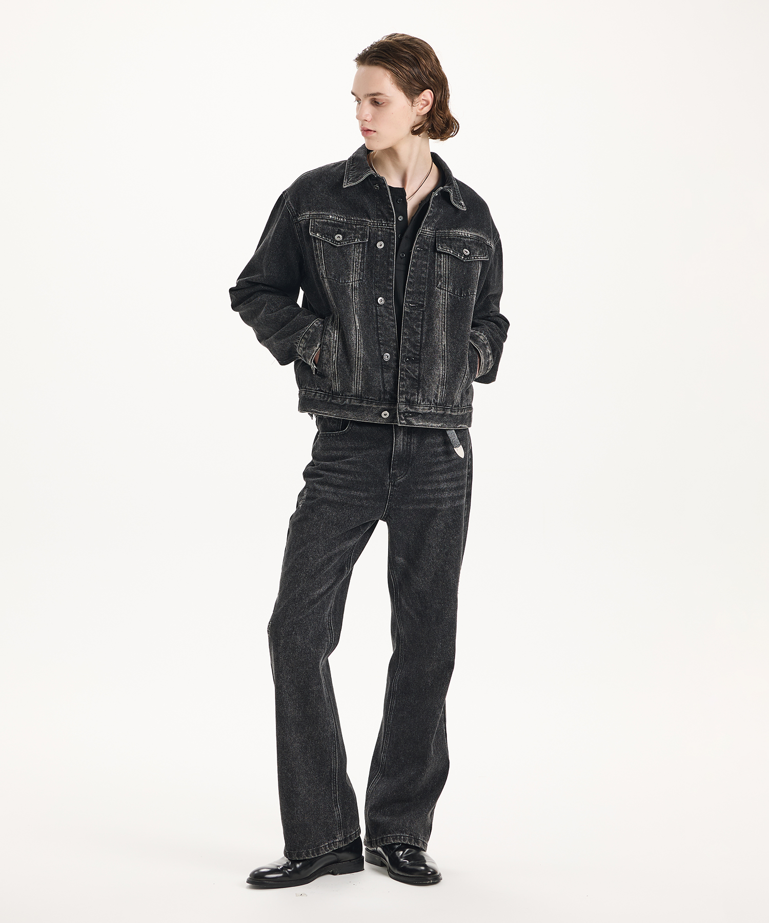 [SET] Washed Cropped Trucker Semi Flare Denim Pants [2 Colors]