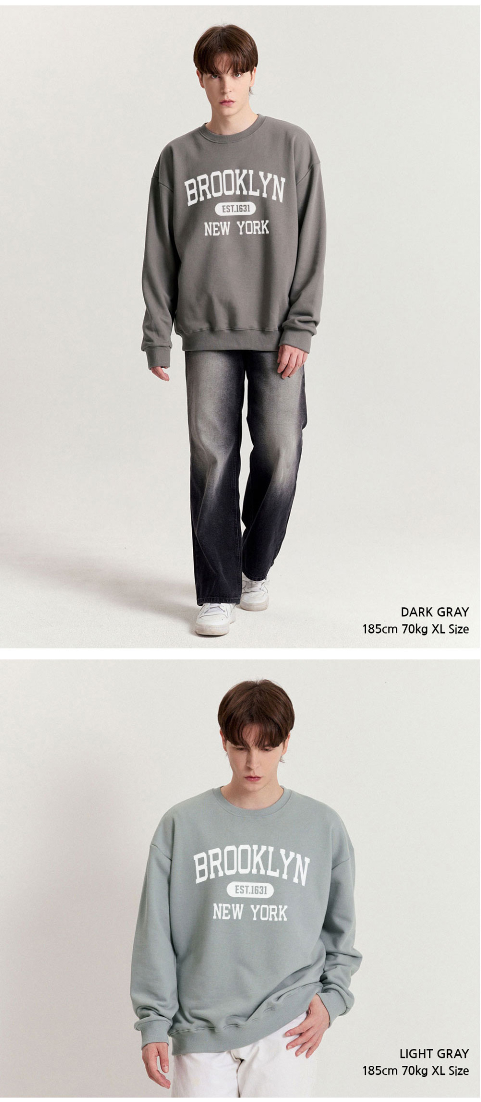 다크그레이색상 brooklyn 전사가 찍힌 맨투맨을 입은 남자사진 ,라이트그레이색상 brooklyn 전사가 찍힌 맨투맨을 입은 남자사진 