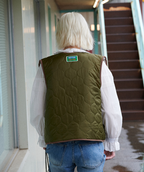 Reversible Shearling Quilted Vest (Khaki)