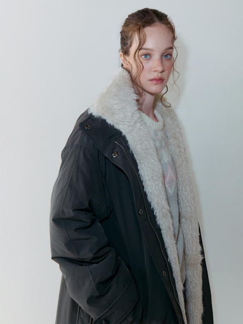Belt Fur Padded Coat, Charcoal