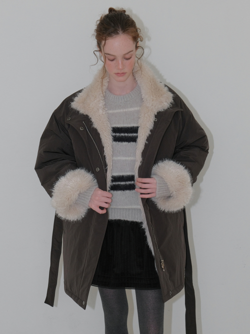 Belt Fur Padded Coat, Charcoal