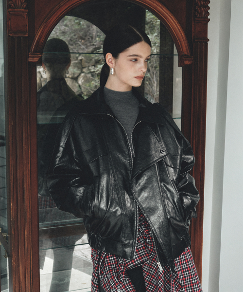 MADRID Oversize Leather Rider Jacket_Dark черный