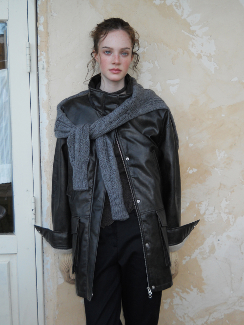 Faux Leather Fur Coat, черный