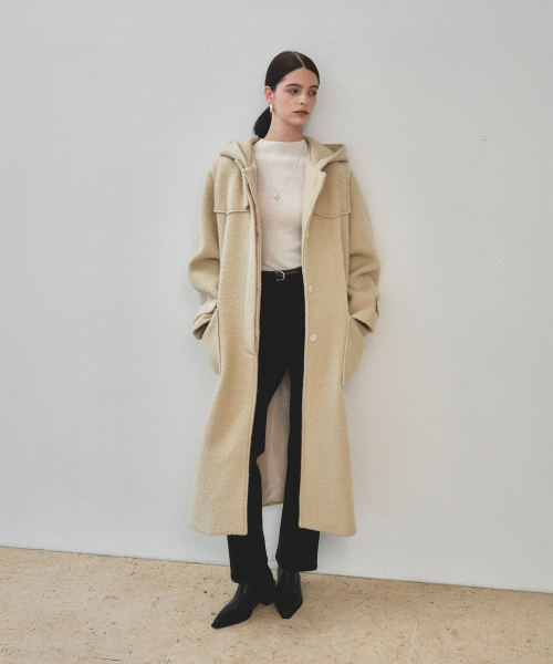 OCRE Alpaca Boucle Wool Hooded Long Coat_Butter