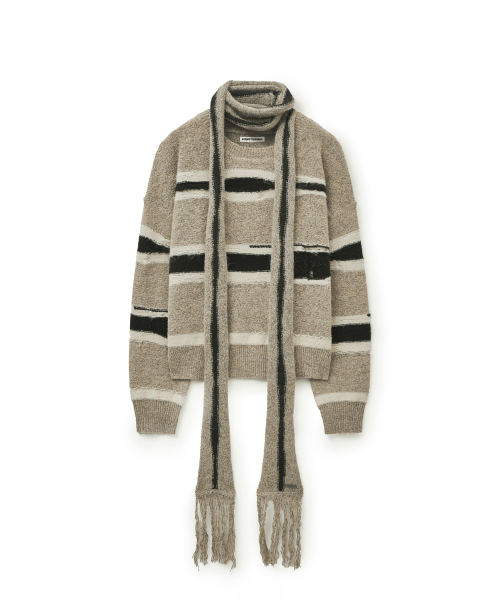 STRIPE DISTRESSED SWEATER SCARF SET-BEIGE