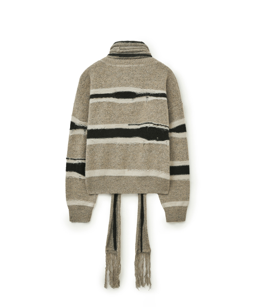 STRIPE DISTRESSED SWEATER SCARF SET-BEIGE