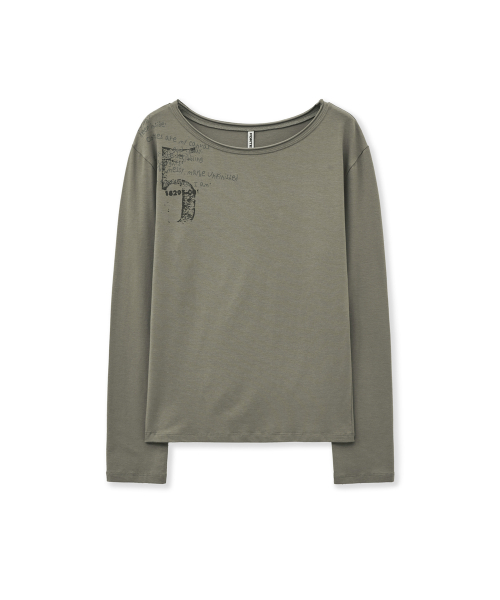 BOAT NECK GRAPHIC LONG SLEEVE T-SHIRT-BEIGE